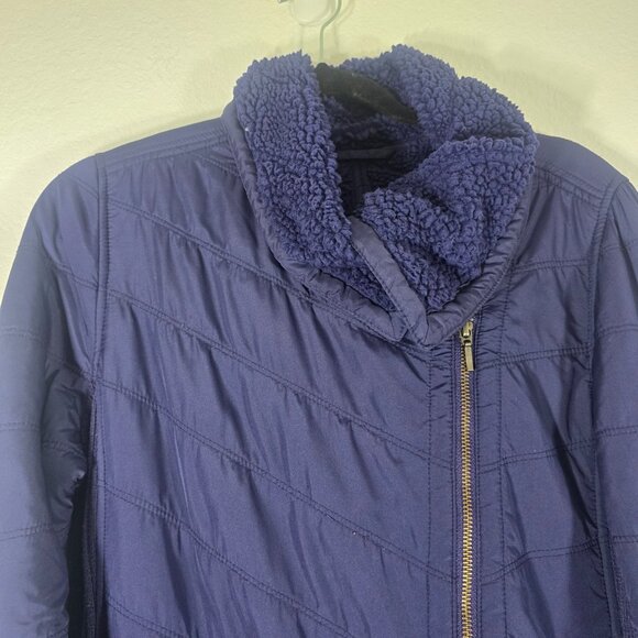 PrAna Diva Long Jacket Women Medium Blue Asymmetrical Zip Outdoor Fleece Lined - Picture 2 of 11